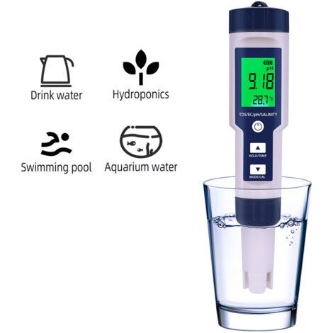 Testeur de qualité de l'eau 5 en 1 : analyseur numérique, détecteur de pH, TDS, CE, température et salinité, étanchéité IP67, écran rétroéclairé. (1/3)