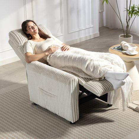 Sillón Relax Reclinable Manual Tapizado en Pana Instalación Rápida Reposapiés Acolchado Grueso Crema (1/5)