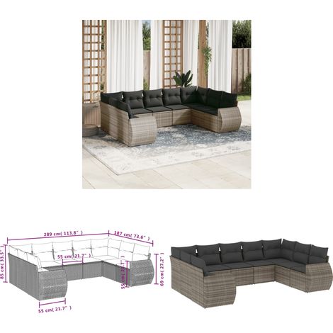 9-tlg. Garten-Sofagarnitur mit Kissen Grau Poly Rattan - Gartenmöbel - Outdoor Möbel - Lounge Set - Rattan Gartenset - Esstischgarnitur - Home & Living (1/3)