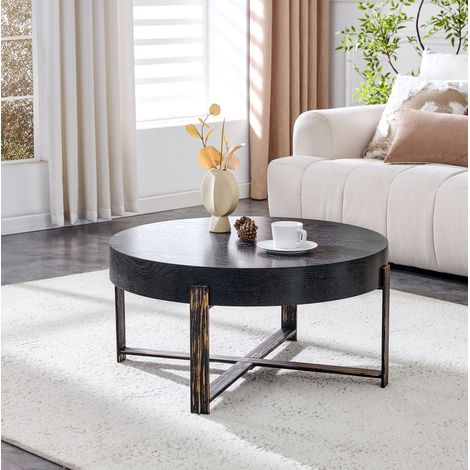 Tavolino rotondo 68 cm, forma bassa, MDF nero, struttura in metallo bronzo antico HAVRYA (1/5)