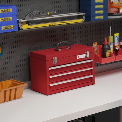 Boîte de rangement à outils métallique rouge livrée sans outils, équipée de trois tiroirs coulissants, espace de stockage supérieur, poignée de transport et verrou sécurisé pour bricolage et atelier (1/5)
