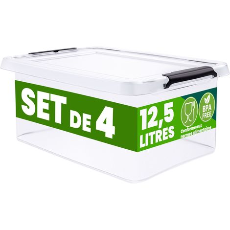 DEUBA® Boîte de rangement en plastique transparent empilable sans BPA gain de place caisse de rangement organiseur 4x12,5L