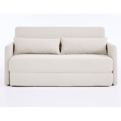 Canapé-lit 2 places en velours côtelé beige, convertible compact pour petit espace, avec 2 coussins lombaires et poches magazines, 165 x 92 cm, CHICFURN (1/5)