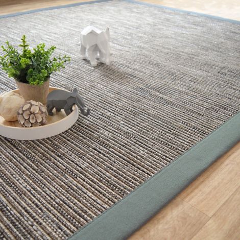 Tapis tissé plat - Bornéo silver - Ganse coton vert de gris - 140 x 200 cm