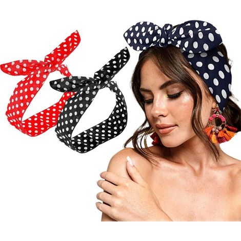 Conjunto de 2 pañuelos bohemios en rojo y negro con estampado de lunares para niñas y mujeres - Accesorios para el cabello retro vintage con lazo retorcido - Estilo de los años 40. (1/5)