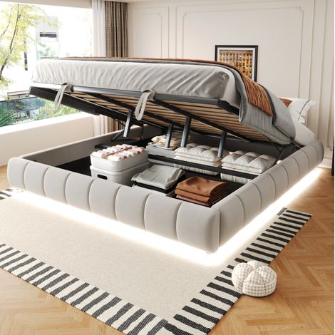 lit coffre 180x200 avec LED flannelette beige HAVRYA (1/5)