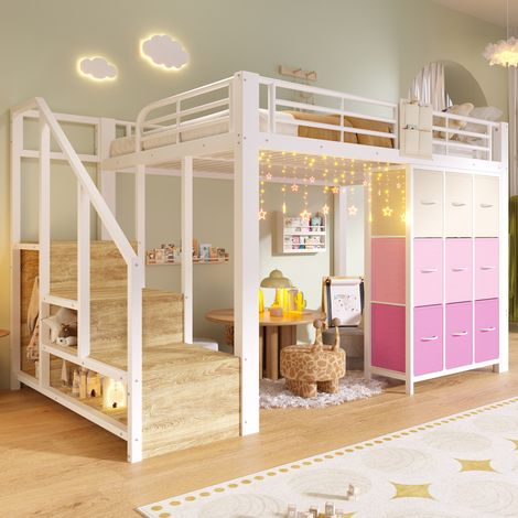 Cama alta cama dormitorio con almacenaje blanco OKMYHOME (1/5)