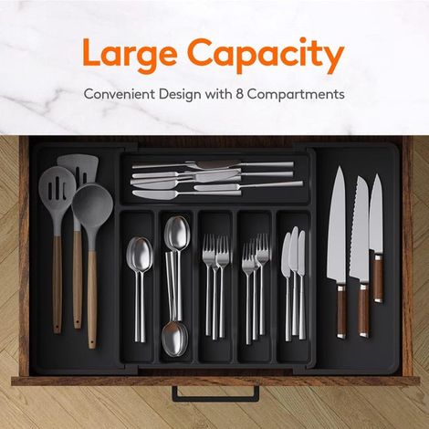 Vassoio portaposate, vassoio portautensili estensibile per cassetto, nero, organizer per cassetti regolabile per cucina, contenitore compatto in plastica (1/4)