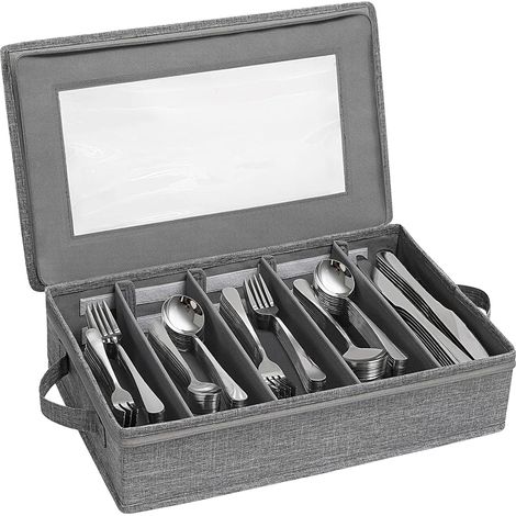 Boîte à couverts avec couvercle, boîte de rangement pour couverts, boîte à couverts avec 5 compartiments ajustables, rangement pour couteaux, fourchettes, cuillères, cuisine, restaurant et camping (43 (1/5)