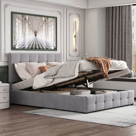 Cama con cofres 140x190 - cama para adultos - Terciopelo gris - Cabecero ajustable en altura - Estructura de cama con somier de lamas - 2 plazas