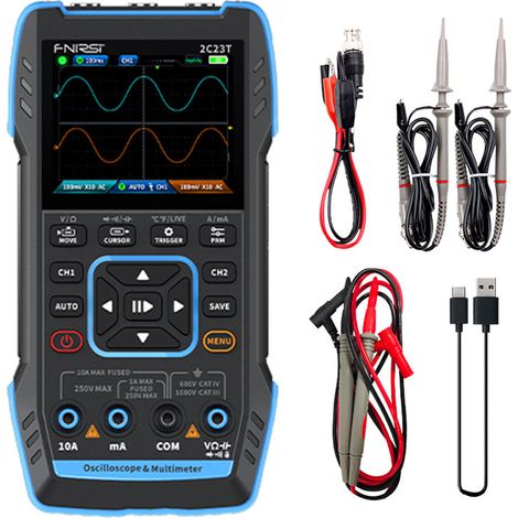 Oscilloscope numérique portatif 3 en 1, double canal 10MHz2, 50MS/s, fonctions oscilloscope, multimeter et générateur de signal