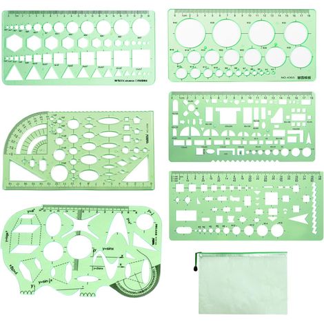 Gabarit Géométrique - 6 Pièces - Plastique Vert - Mesure Et Dessin Technique - École Et Architecture - 18cm Avec Pochette (1/5)