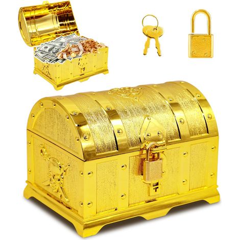 Coffre au trésor doré avec serrure à clé, coffre au trésor verrouillable avec couvercle pour fête à thème pirate, événements, petit coffre au trésor pour ranger (1/5)