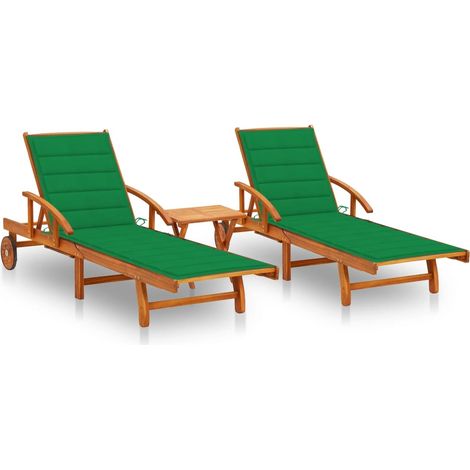 Sonnenliegen 2 Stk. mit Tisch und Auflagen Massivholz Akazie