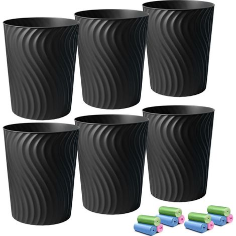 Corbeille à Papier 7 L – Lot de 6 Poubelles en Plastique avec 12 Rouleaux de Sacs Poubelle - pour Bureau, Salle de Bain, Cuisine ou Chambre – Format Compact 24,9 x 20 x 16,5 cm Noir (1/5)