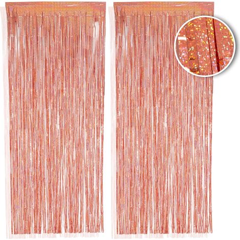 2 pièces Rideau en franges, 1x2,5m, finition métallique, rose doré, pour fête et décoration