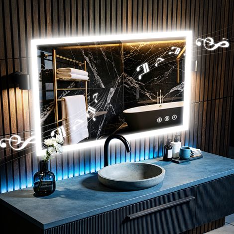 Specchio da bagno a LED tricolore 60x80 cm, specchio da toilette illuminato con Bluetooth, rettangolare, in vetro resistente all'umidità e antiappannamento (1/5)
