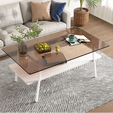 Mesa de centro de vidrio templado (106x66x9 cm), diseño moderno, bordes pulidos, MDF, marrón y blanco (1/5)