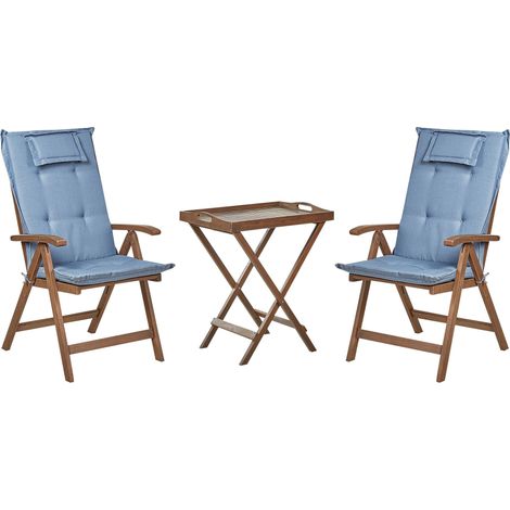 Bistro Set with Cushions Folding AMANTEA Acacia Wood Blue (1/5)