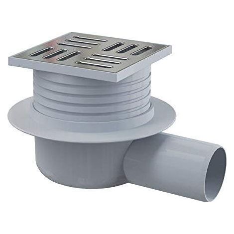 Siphon de sol avec grille inox 105 x 105 mm – Sortie horizontale Ø50 mm – Hauteur réglable 11 à 47 mm – Matériau polypropylène (1/5)