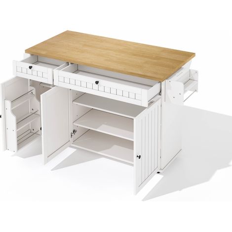 Îlot de cuisine avec plan de travail rabattable, meuble de cuisine sur 6 roulettes verrouillables, avec étagère, rangement de porte, 2 grands tiroirs et placard, blanc, 137 x 89,5 x 45 cm (1/5)