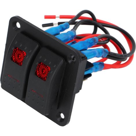 2-fach Wippschalterfeld, vorverdrahtet, rote LED, 12 V/24 V, 20 A/10 A mit Beschriftungen für Boote und Fahrzeuge (1/5)