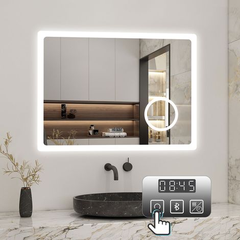 Badezimmerspiegel LED Badspiegel Wandspiegel Touch Beschlagfrei+Uhr+Bluetooth+Kosmetikspiegel+3 Farben Dimmbar+LED Memory Funktion 70 x 50 cm (1/5)