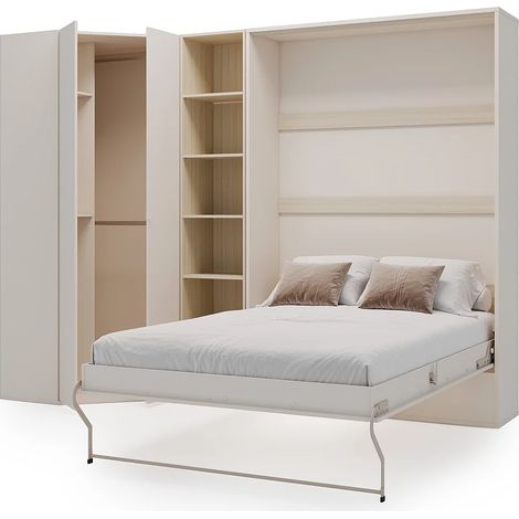 Lit escamotable vertical 140 x 200 cm - Avec armoire d'angle et bibliothèque - Beige et naturel - NILODIA (1/4)