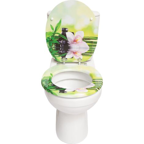 Abattant WC rond en MDF avec charnières à fermeture lente, motif zen avec orchidée, bambou et pierres, décoratif, silencieux, facile à nettoyer, ajustement universel (1/5)