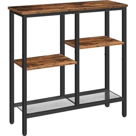 Industrial Narrow Console Table, Slim Sofa Table with 4-Tier Storage Shelves & Metal Mesh Shelving, Rustic Brown Hallway Accent Table for Entryway, Living Room & Home Office