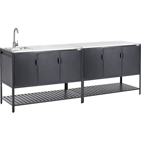 Beliani – Ensemble de meubles de cuisine d'extérieur 2 pièces en acier inoxydable – 3 portes avec évier noir – Rangement spacieux et étagère ouverte (1/5)
