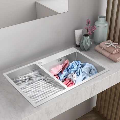 2 lavabos para la ropa Fregadero de limpieza De acero inoxidable Fregadero con tabla de lavar (1/5)