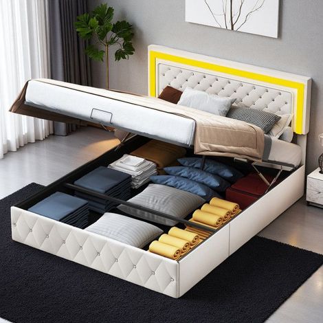Bett mit Stauraum 160x200 cm, Doppelbett 160x200 cm, Höhenverstellbar, Bett 160x200 cm, Hydraulikbett mit LED, Gepolstertes Bett, Beige