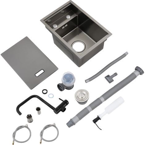 Évier de cuisine, acier inoxydable, design spacieux, Gris Foncé (1/2)
