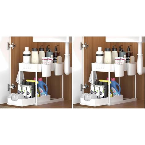 (Lot de 2) Blanc Rangement sous Evier 2 Niveaux, Coulissant Organiseur sous Évier Etagere Tiroir,Panier de rangement multifonction pour salle de bain, étagère sous placard, étagère de lavevaisselle (1/5)