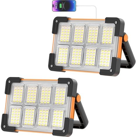 Projecteur Led Rechargeable, Projecteur LED Chantier 6000mAh, 4 Modes Lampe LED Rechargeable Solaire, Portable L ED Lampe de Travail Étanche USB, Baladeuse pour Camping, entretien, urgence(2 Pièces) (1/5)