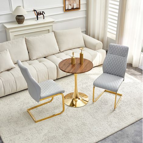Conjunto de mesa redonda de 60 cm en MDF acabado nogal con 2 sillas gris claro y estructura dorada (1/5)