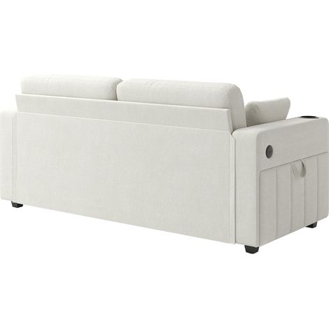 Divano a 2 posti in ciniglia beige con 2 cassetti, porte USB, portabicchieri e tasche laterali (1/5)