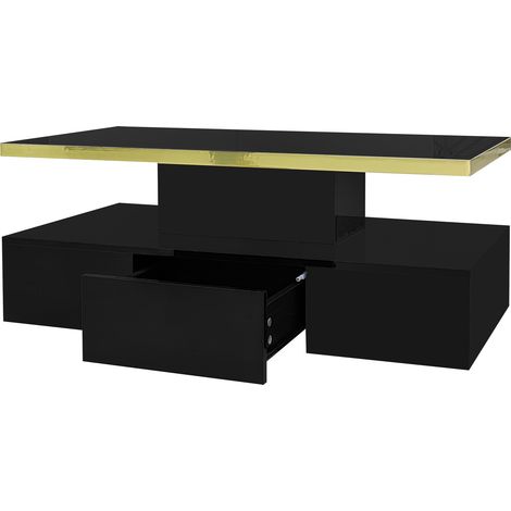 ELVMI Couchtisch mit 1 Schublade und 2 Ebenen mit LED, Hochglanz, für Wohnzimmer, aus Spanplatte, 100 × 50 × 39 cm, Schwarz (1/5)