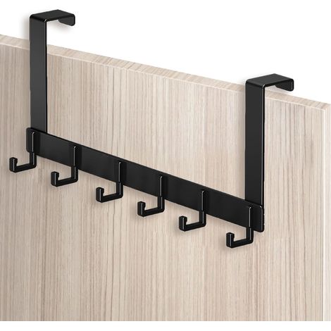 Stainless steel over-the-door coat hooks - 6-hook coat rack - No drilling required - Fits doors (4.1-4.5 cm), Black (1/5)
