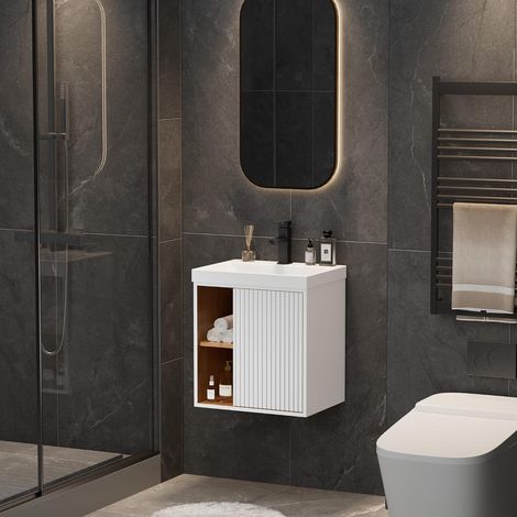 UEV Meuble Lave-Mains Suspendu avec Lavabo en Résine - Meuble de Salle de Bain Mural Gain de Place - Design Moderne à Lignes Verticales et Poignées Métalliques - Rangement Caché, 50x38x55cm, Noir