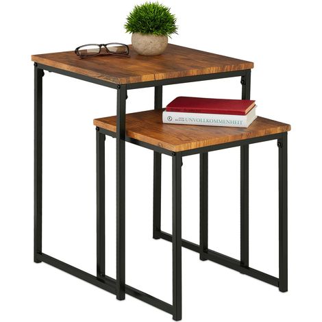 Relaxdays Tavolini da Salotto, Tavolo Basso da Caffè Divano Soggiorno, Metallo e MDF, 2 Misure Impilabili, Marrone Nero