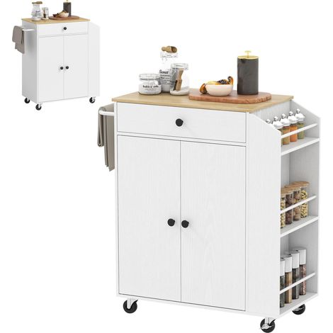 Îlot Central Cuisine Mobile avec Tiroir, Placard à 2 Portes Blanc (1/5)