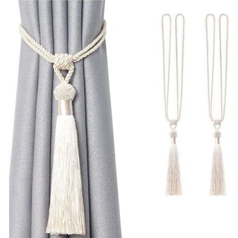 Lot de 2 embrasses de rideaux longues à pompons faites à la main en corde tressée avec nœuds de style européen pour décoration de fenêtre de maison et de bureau (beige) (1/4)