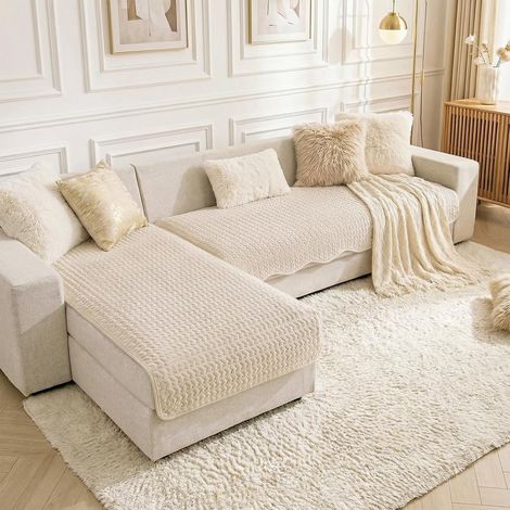 2-Piece Corduroy Sofa Cover, L-Shaped, Universal Non-Slip Sofa Cover, Pet-Friendly Sofa Protector (Cream White, M: 90x160+90x210cm, 2PCS) (1/5)