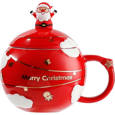 Mug de Noël en céramique, mug original avec couvercle et cuillère, mug Père Noël en céramique 400 ml, tasses à thé de Noël (rouge) (1/5)