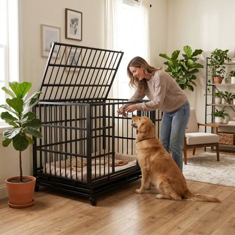 Jaula para perros resistente e indestructible de 48 pulgadas con ruedas, jaula metálica plegable para perros grandes y medianos, jaula con bandejas de alambre extraíbles. (1/5)