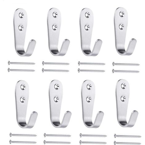 8 J-förmige Wandhaken aus gebürstetem Edelstahl, schweres Metall, für Kleidung, Handtücher oder Tassen, silberfarben