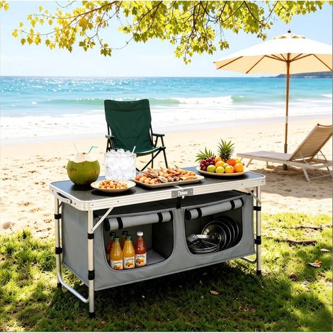 Table de camping pliante 120x47x69,5 cm en aluminium et MDF, noire, gain de place – MEUBLIV (1/5)