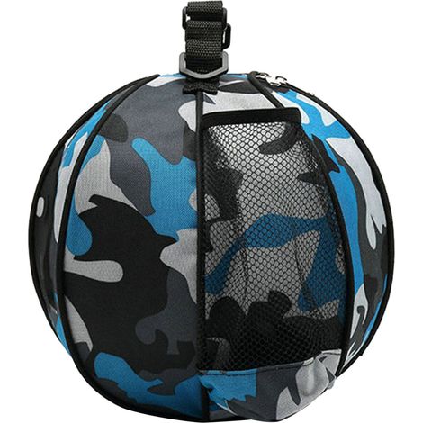 Sac de basket rond grande capacité, tissu Oxford imperméable, sac de sport extérieur avec poche filet élastique, bleu camouflage (1/5)